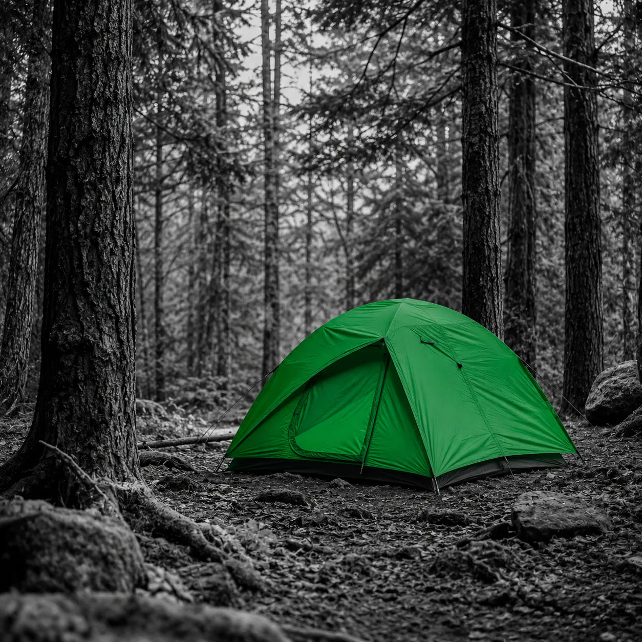 Zielony namiot typu outdoor/biwak w środku lasu